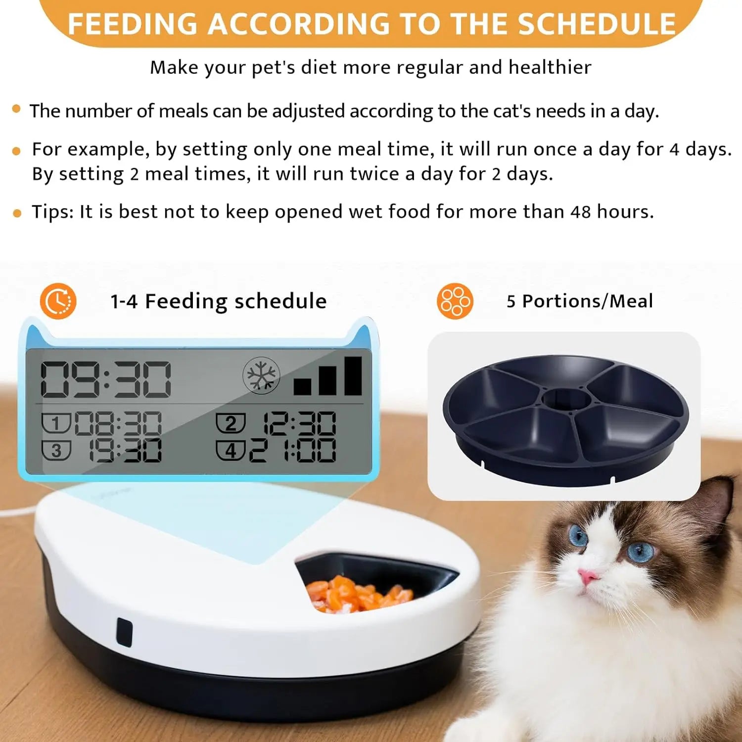 UBPET Automatic Cat Feeder Wet Food with Cooling, Semiconductor Refrigeration, with Timer, 5 Food Compartments for 330g Pet Food