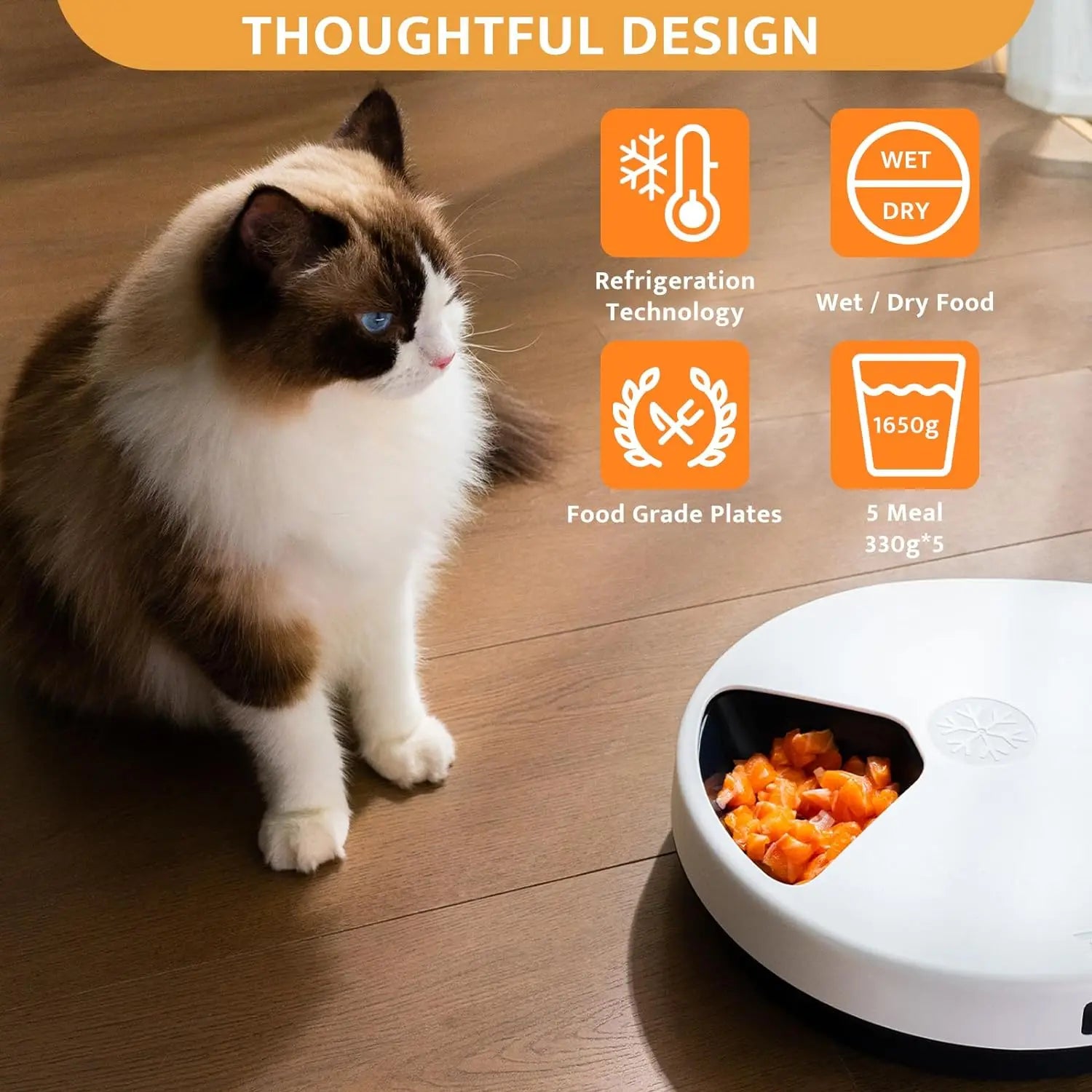 UBPET Automatic Cat Feeder Wet Food with Cooling, Semiconductor Refrigeration, with Timer, 5 Food Compartments for 330g Pet Food